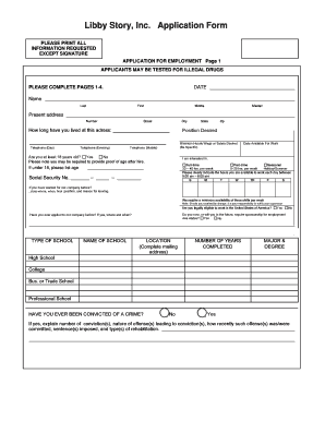 Libby Story Employment Application Form