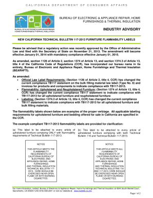 NEW CALIFORNIA TECHNICAL BULLETIN 117-2013 FURNITURE FLAMMABILITY LABELS NEW CALIFORNIA TECHNICAL BULLETIN 117-2013 FURNITURE FLAMMABILITY LABELS - bhfti ca