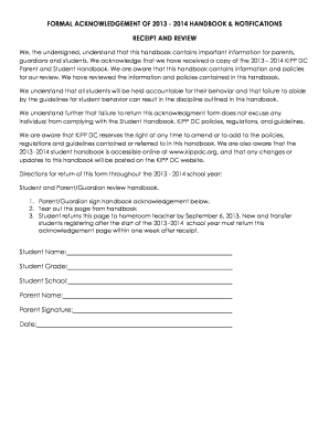 KIPP DC Parent Student Handbook Acknowledgement Form