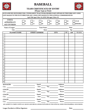 Baseball Team Certificate of Entry