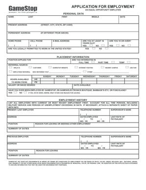 GameStop Employment Application Form