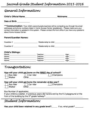 Second Grade Student Information Form