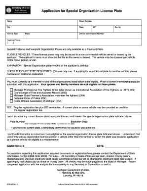 Michigan Special Organization License Plate Application