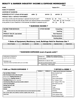 Beauty and Barber Industry Income and Expense Worksheet