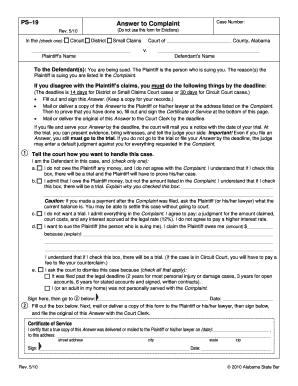 Alabama Answer to Complaint Form