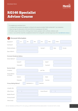 RG146 Specialist Adviser Course Enrolment Form