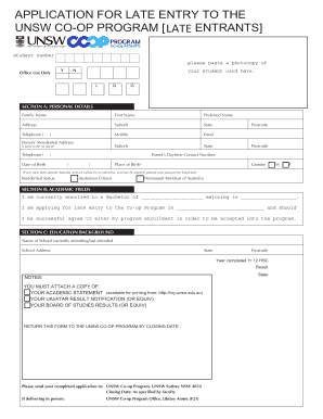 UNSW Co-op Program Late Entry Application
