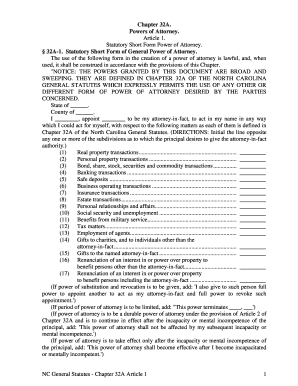 North Carolina Statutory Short Form Power of Attorney