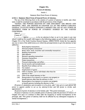 North Carolina Statutory Short Form Power of Attorney