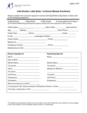 Big Brothers Big Sisters Mentee Enrollment Form