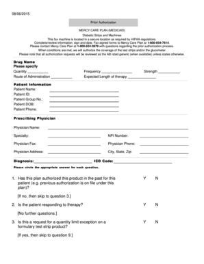 Mercy Care Plan Diabetic Strips Authorization Form