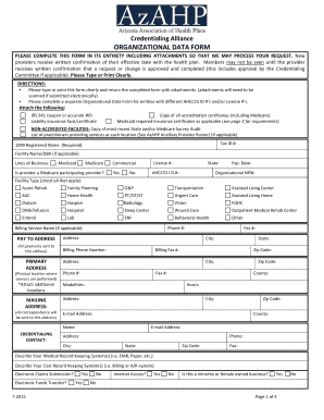 Arizona Healthcare Provider Organizational Data Form