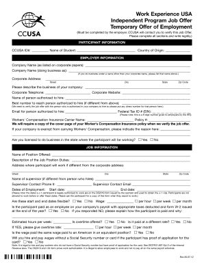 J-1 Visa Summer Work/Travel Job Offer Form