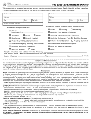 Iowa Sales Tax Exemption Certificate