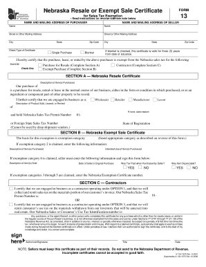 Nebraska Resale or Exempt Sale Certificate