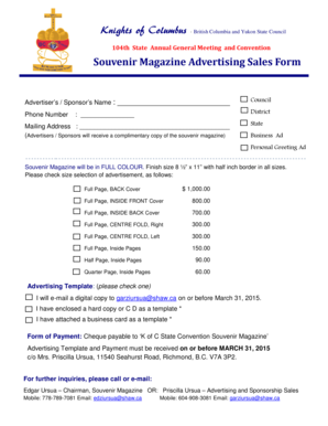 Advertising Sales bFormb - Knights of Columbus - kofcbc