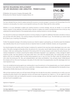 Notice Regarding Replacement of Life Insurance and Annuities - Pennsylvania
