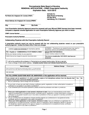 Pennsylvania CRNP Prescriptive Authority Renewal Application