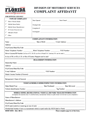 Florida Motor Vehicle Complaint Affidavit