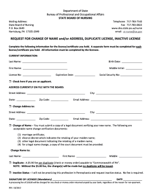 Pennsylvania Nurse License Change Request Form