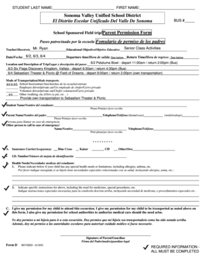 School Sponsored Field Trip Parent Permission Form