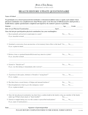 New Jersey Student Athletic Health History Update Questionnaire
