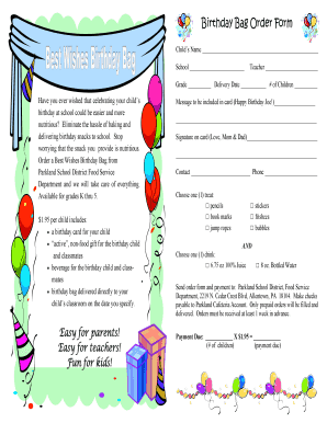 Birthday Bag Order Form