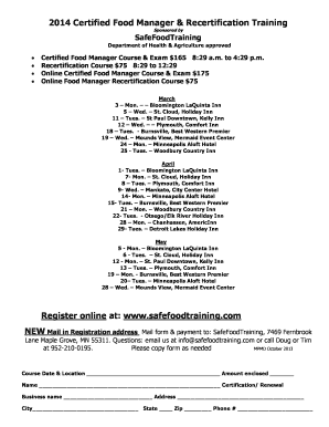 Certified Food Manager Training Registration Form