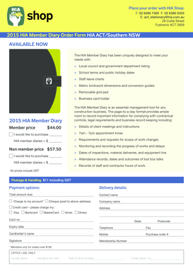 2015 HIA Member Diary Order Form
