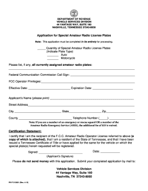 Tennessee Special Amateur Radio License Plates Application