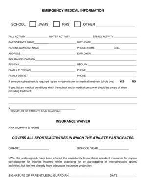 Emergency Medical Information and Insurance Waiver Form