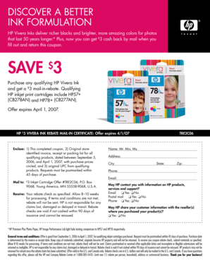 HP Vivera Ink Rebate Mail-In Certificate