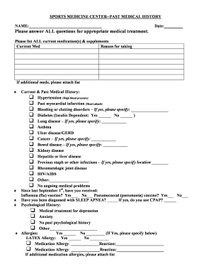 Sports Medicine Center Past Medical History Form