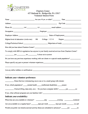 Volunteer Interest Form PDF - Chartiers Center - chartierscenter