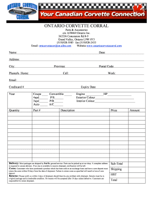 Ontario Corvette Corral Parts Order Form