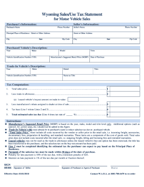 Wyoming Sales/Use Tax Statement for Motor Vehicle Sales