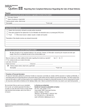 Formulaire de signalement de comportement non conforme concernant la vente de véhicules routiers
