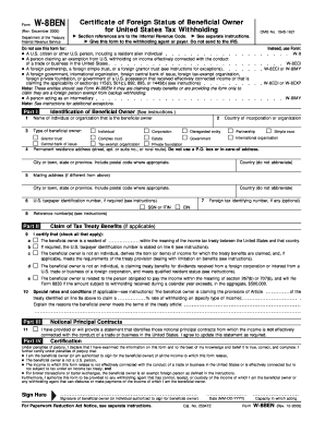 Form W-8BEN Certificate of Foreign Status
