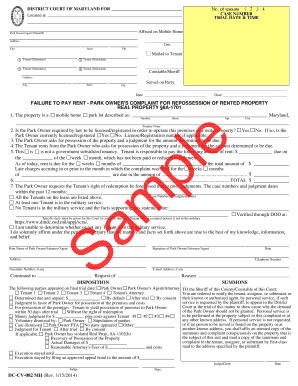 Failure to Pay Rent - Park Owner's Complaint for Repossession of Rented Property