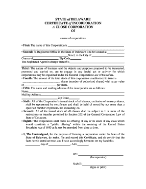 Delaware Certificate of Incorporation for Close Corporation