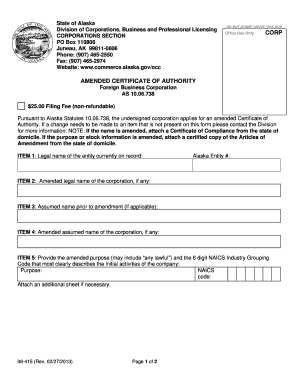 Alaska Amended Certificate of Authority