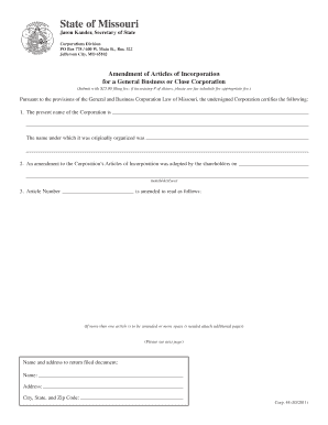 Missouri Amendment of Articles of Incorporation