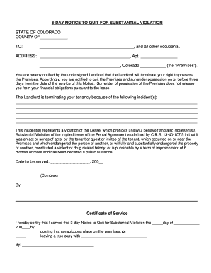 3-Day Notice to Quit for Substantial Violation