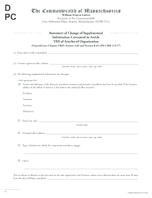 Massachusetts Statement of Change of Supplemental Information