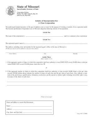 Missouri Articles of Incorporation for a Close Corporation