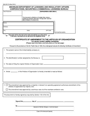 Certificate of Amendment to Articles of Organization