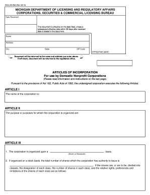 Michigan Articles of Incorporation for Nonprofit Corporations