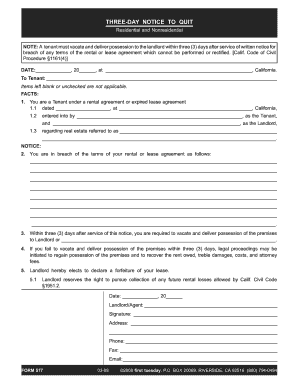 Quit notice - Back To Welcome Page THREEDAY NOTICE TO QUIT Residential and Nonresidential NOTE: A tenant must vacate and deliver possession to the landlord within three (3) days after service of written notice for breach of any terms of the rental or