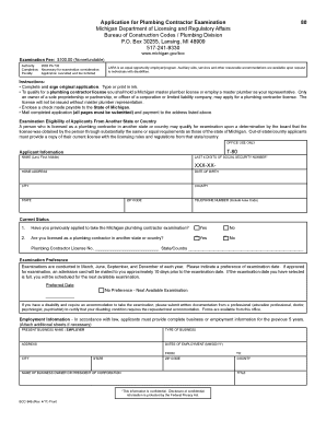 Michigan Plumbing Contractor Examination Application