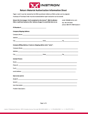 Instron Return Material Authorization Form